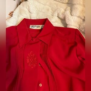 Vintage Yves St. Clair Womens 14 Red Pleated Hidden Button Embroidered Blouse